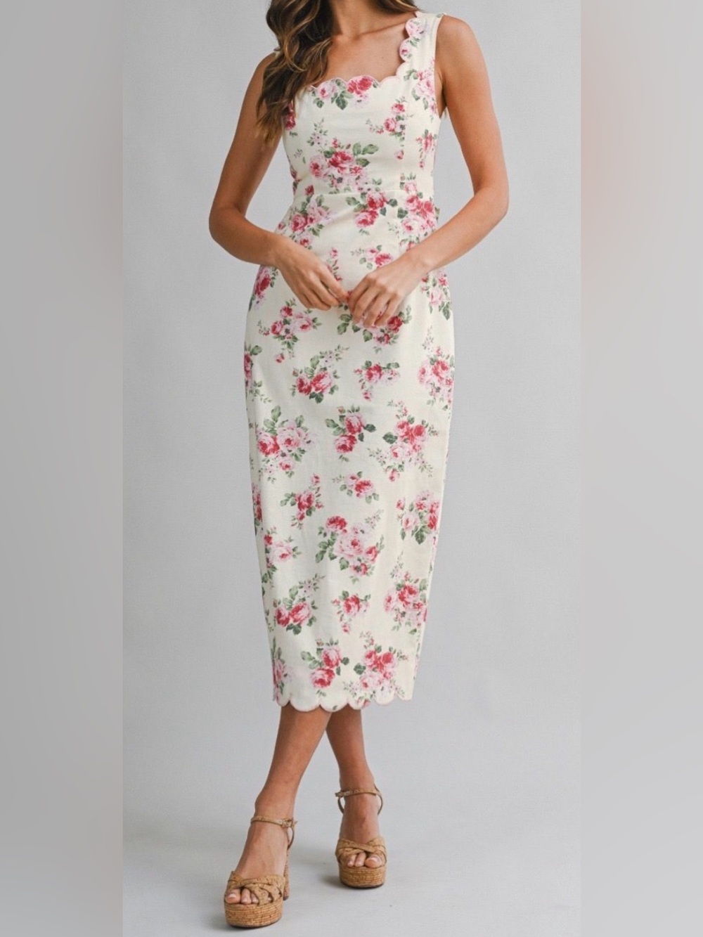 NWT Mable Floral Scallop Midi Dress in Cream and Pink